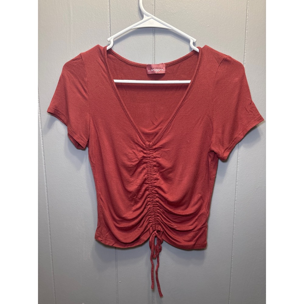 Ruched Front Drawstring V-Neck Short Sleeve Crop Top Small